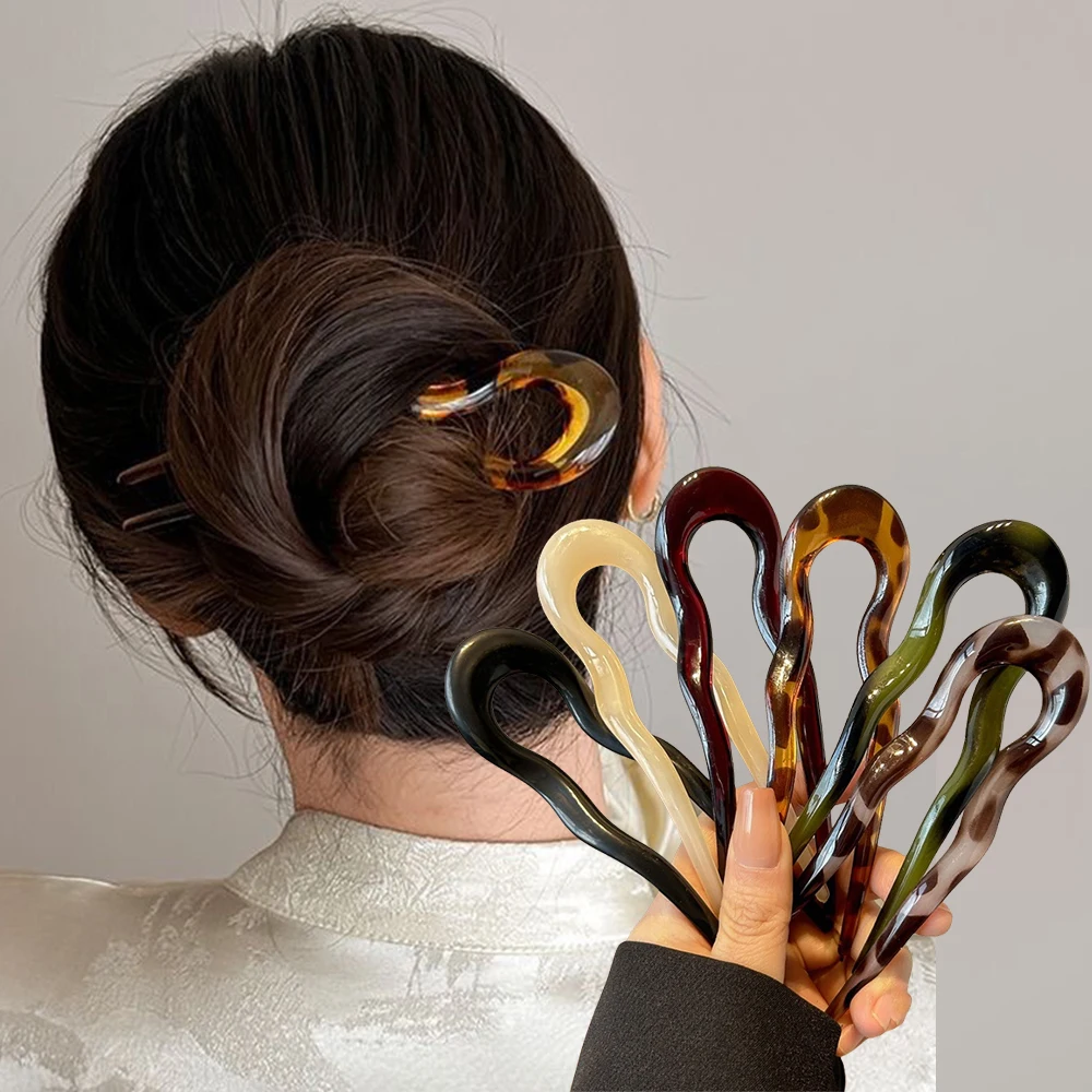 Hair Fork Stick - U-Shaped Hair Fork Fashion Tortoiseshell Acetate